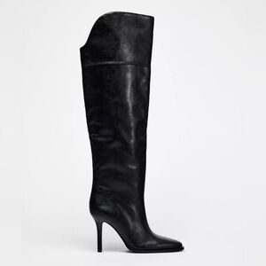 Zara NWT knee high pull on Black Stiletto heel Women's Boots size 6 1/2 or 37